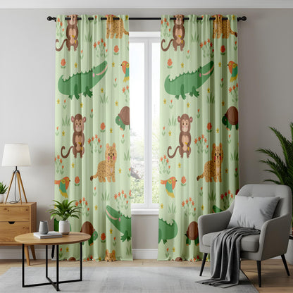 Onay Mint Green Jungle Animal Curtains – Monkey Crocodile Drapes