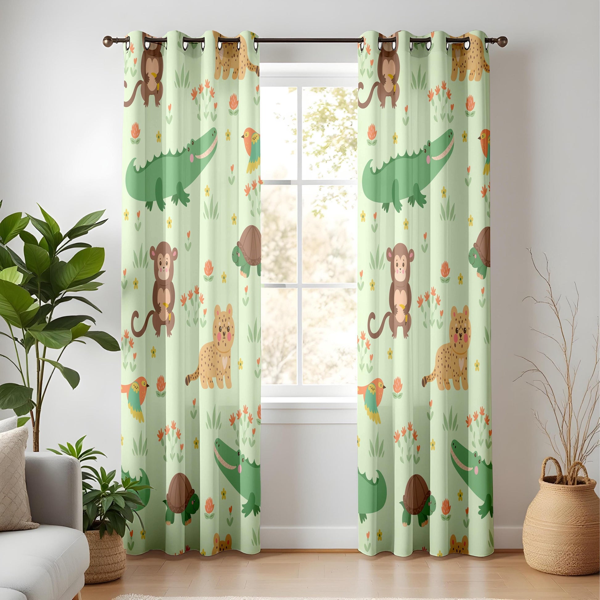 Onay Mint Green Jungle Animal Curtains – Monkey Crocodile Drapes