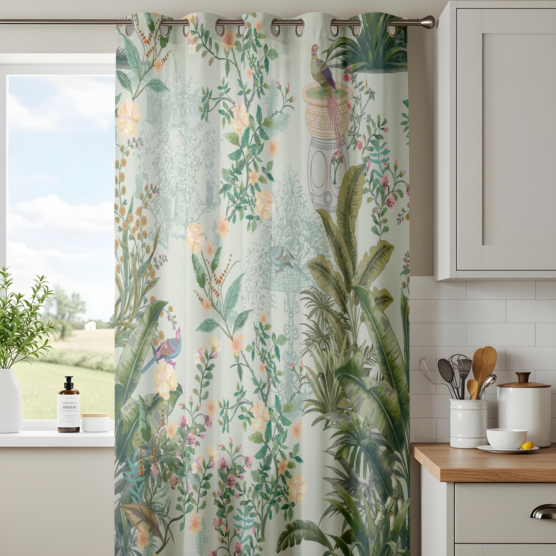 Onay Mint Green Bird Chinoiserie Curtains – Vintage Peacock Botanical Drapes