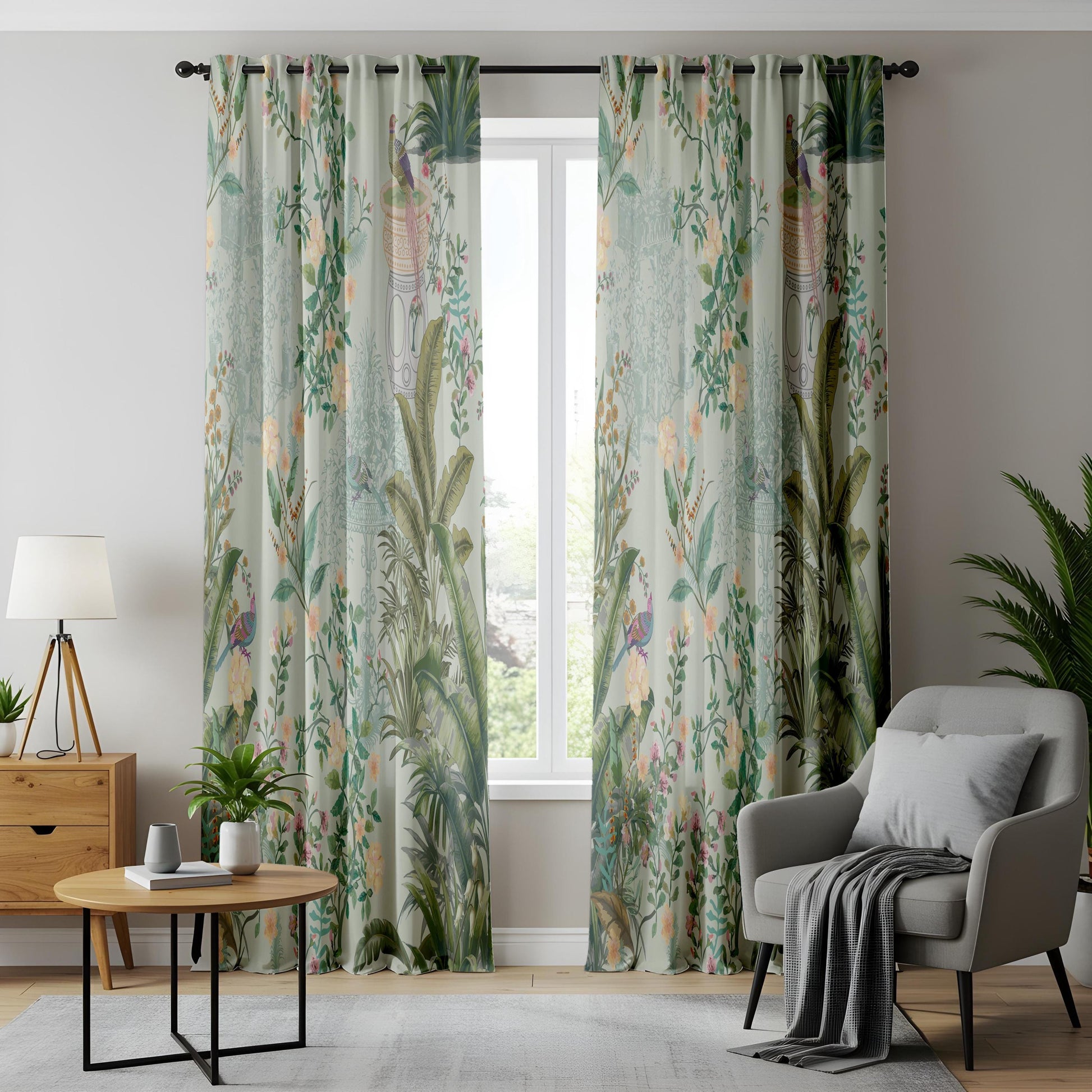 Onay Mint Green Bird Chinoiserie Curtains – Vintage Peacock Botanical Drapes