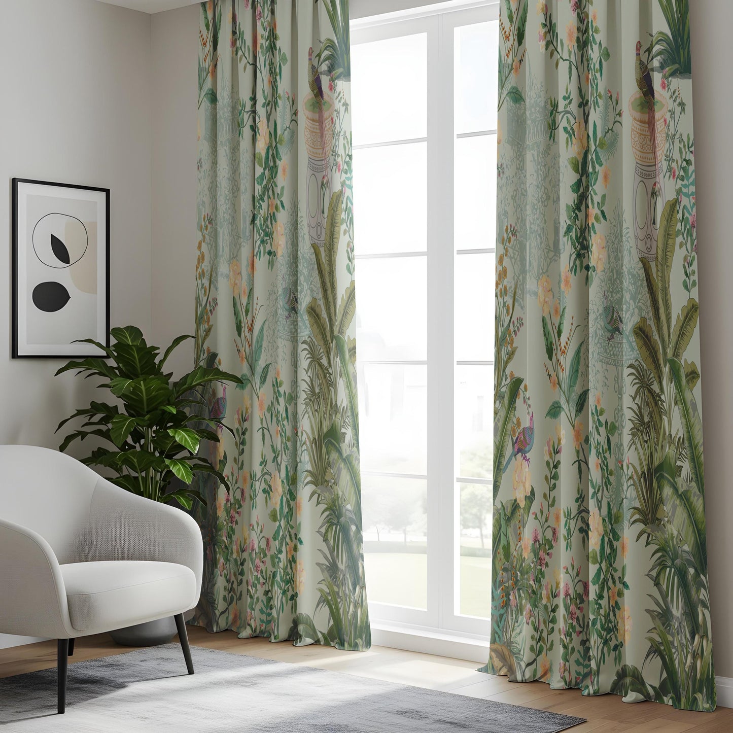 Onay Mint Green Bird Chinoiserie Curtains – Vintage Peacock Botanical Drapes