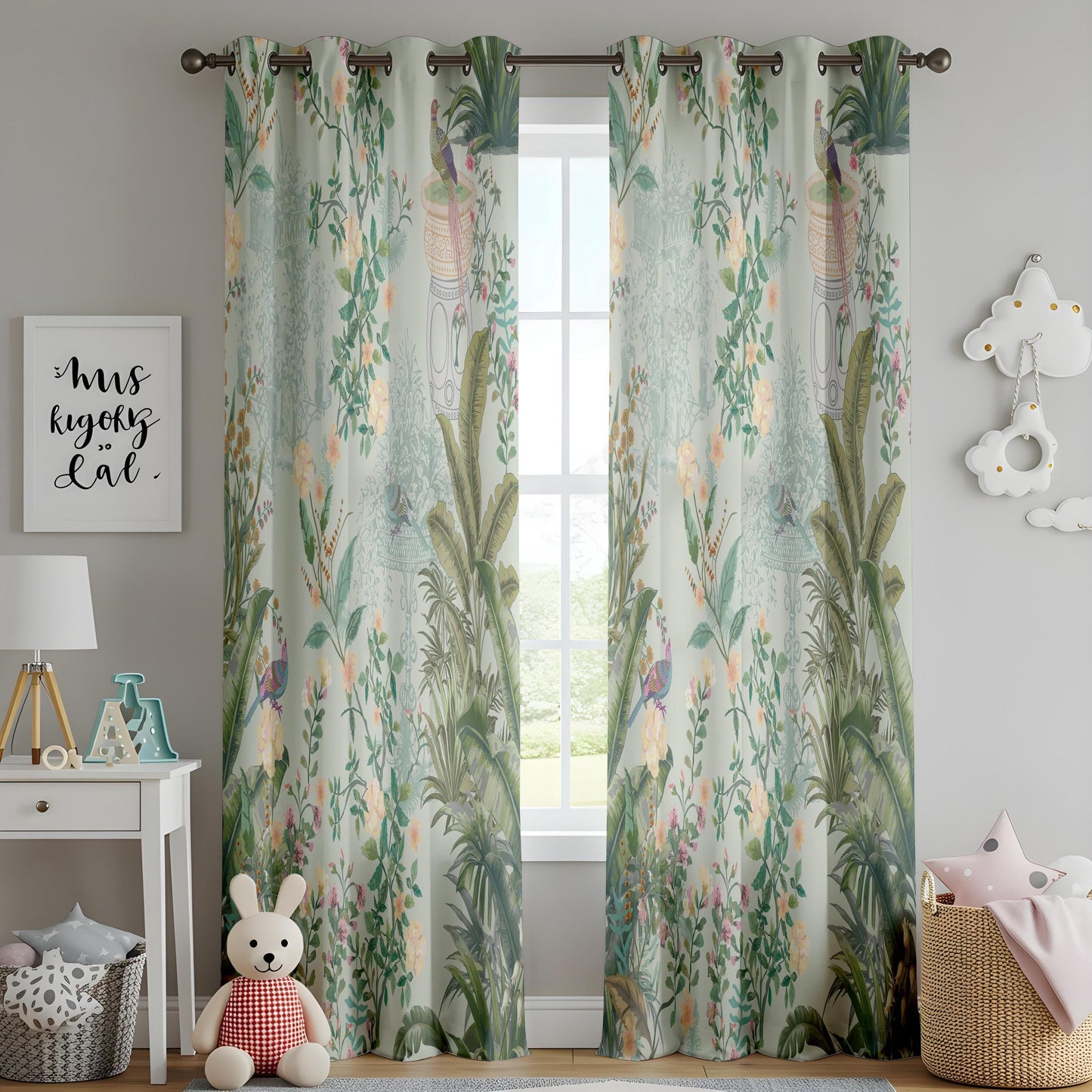 Onay Mint Green Bird Chinoiserie Curtains – Vintage Peacock Botanical Drapes