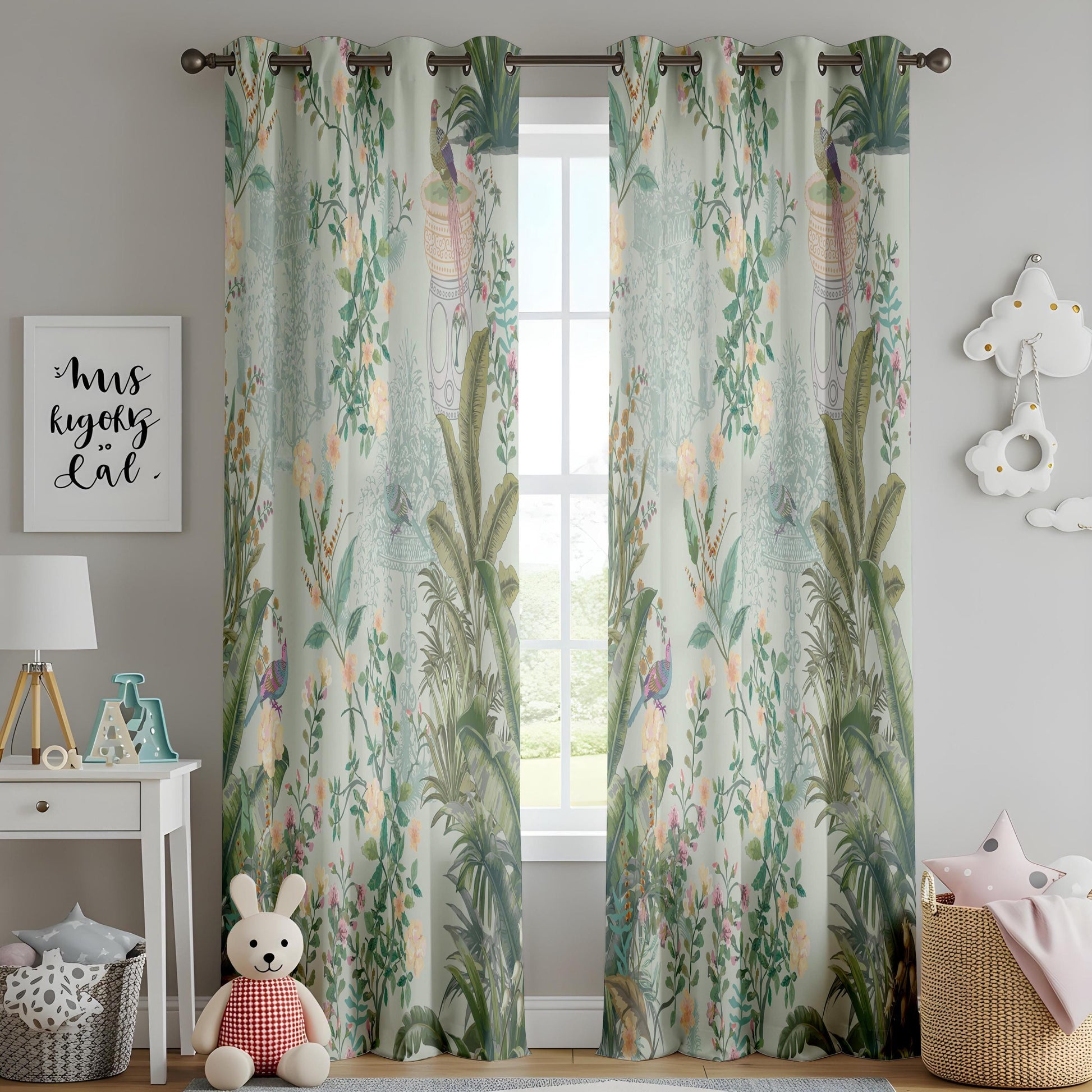 Onay Mint Green Bird Chinoiserie Curtains – Vintage Peacock Botanical Drapes