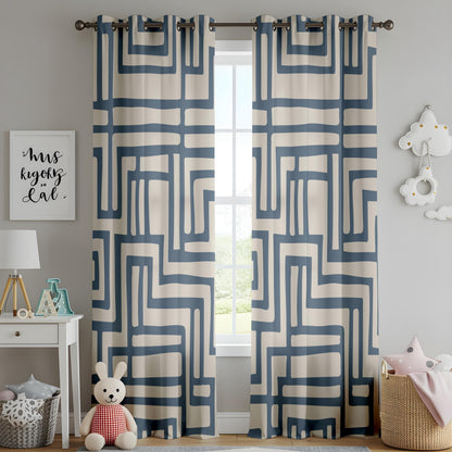 Onay Navy Blue Geometric Maze Curtains – Beige Abstract Line Drapes