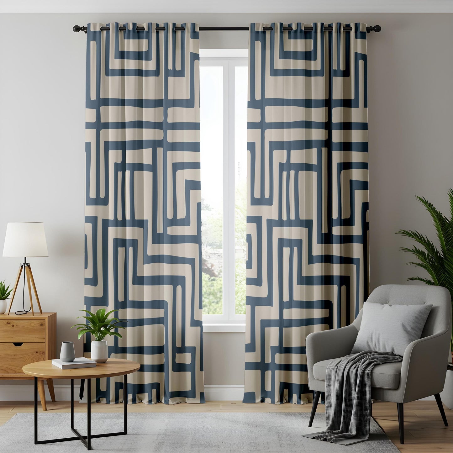 Onay Navy Blue Geometric Maze Curtains – Beige Abstract Line Drapes