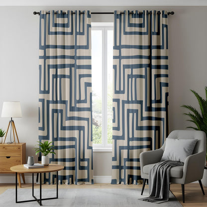 Onay Navy Blue Geometric Maze Curtains – Beige Abstract Line Drapes