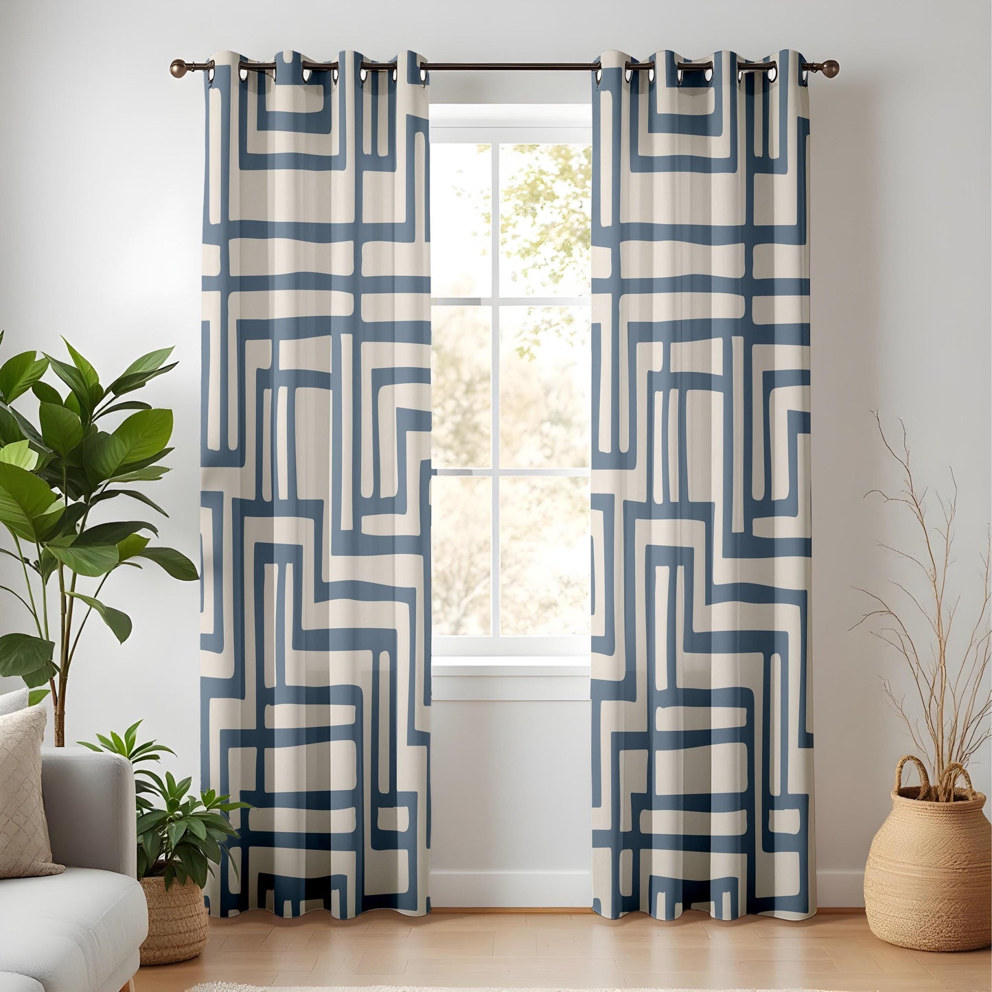 Onay Navy Blue Geometric Maze Curtains – Beige Abstract Line Drapes