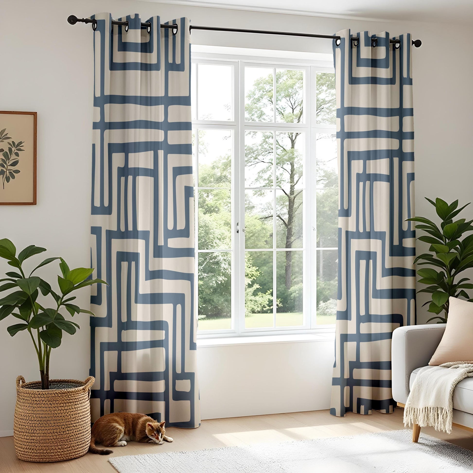 Onay Navy Blue Geometric Maze Curtains – Beige Abstract Line Drapes