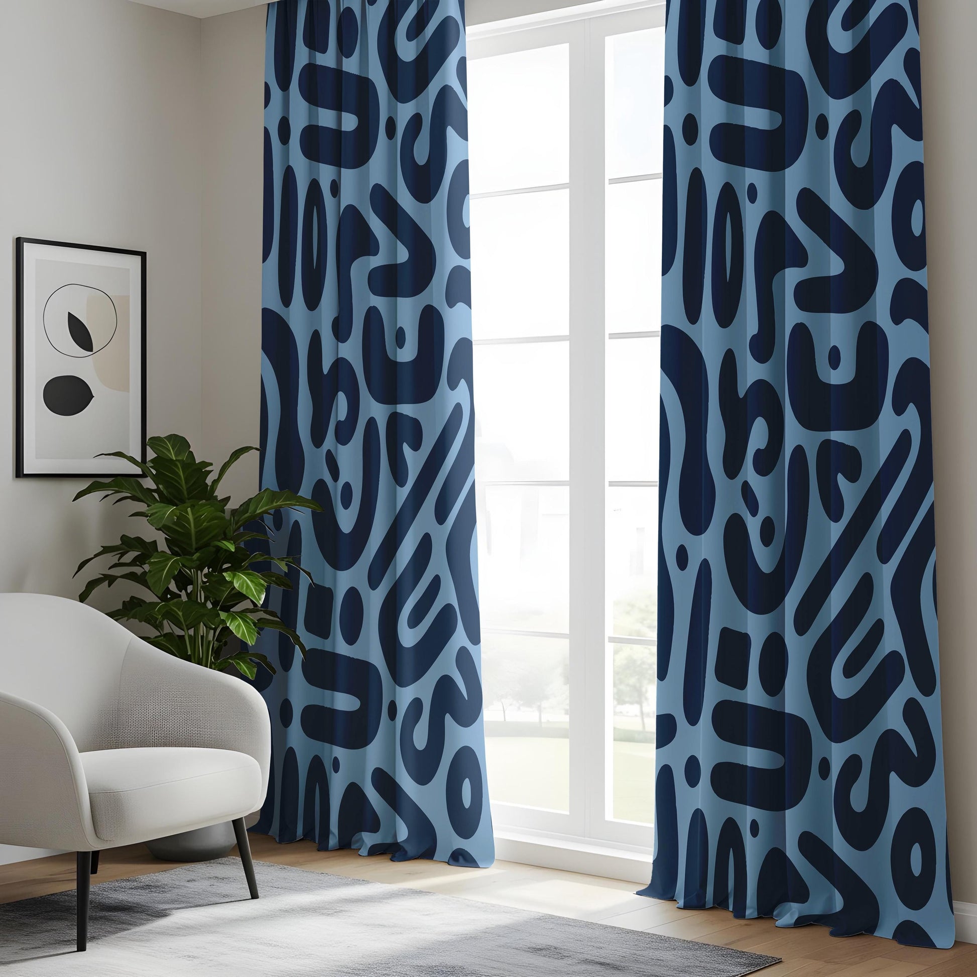 Onay Sky Blue Navy Abstract Curtains – Funky Organic Shape Drapes
