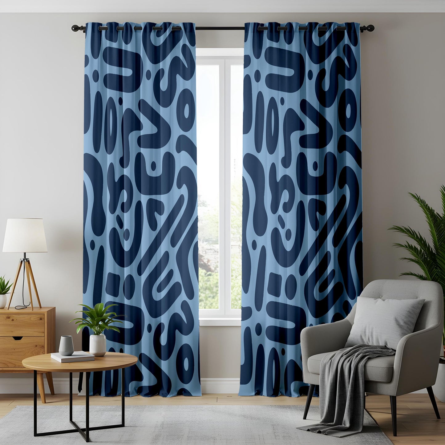 Onay Sky Blue Navy Abstract Curtains – Funky Organic Shape Drapes