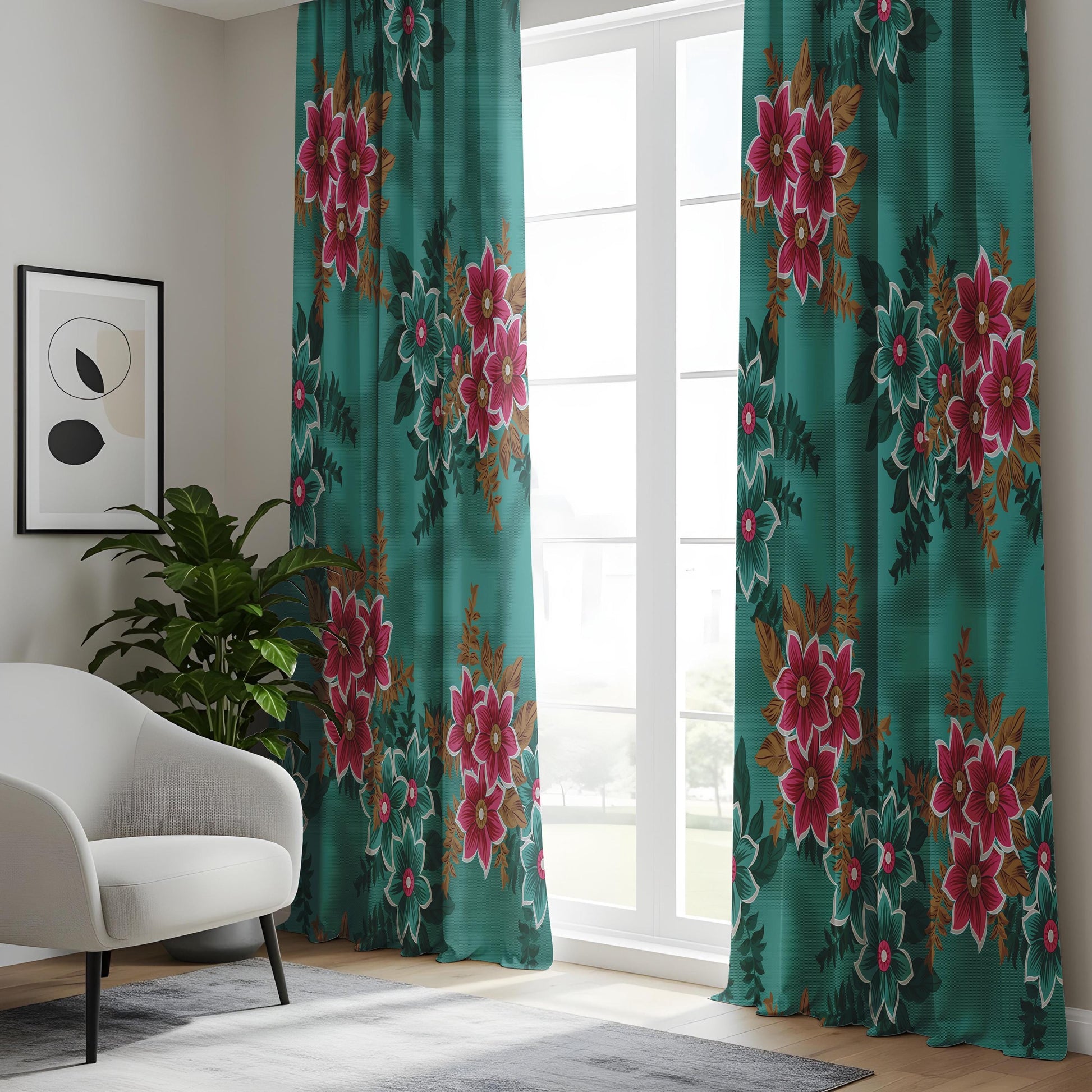 Onay Teal Green Pink Floral Curtains – Vintage Botanical Drapes