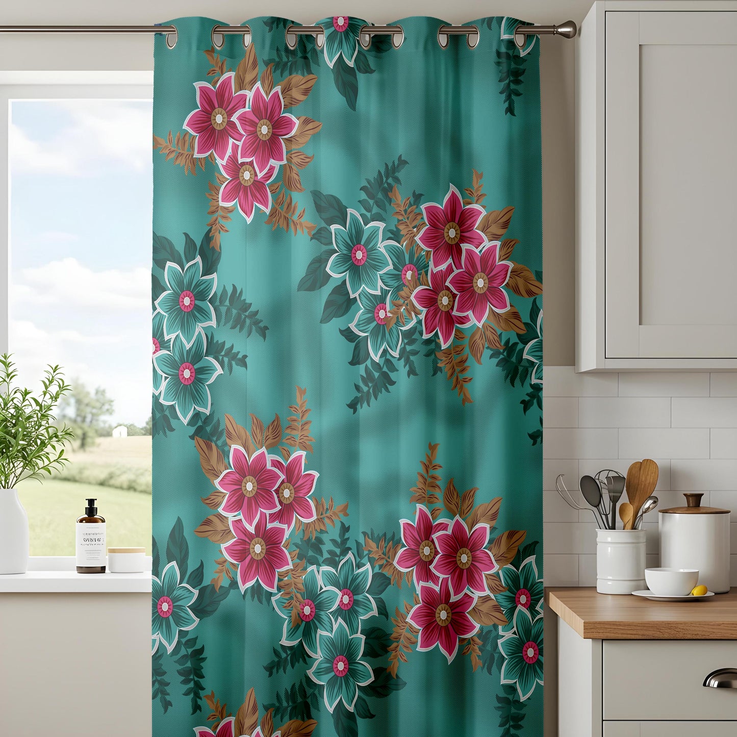 Onay Teal Green Pink Floral Curtains – Vintage Botanical Drapes
