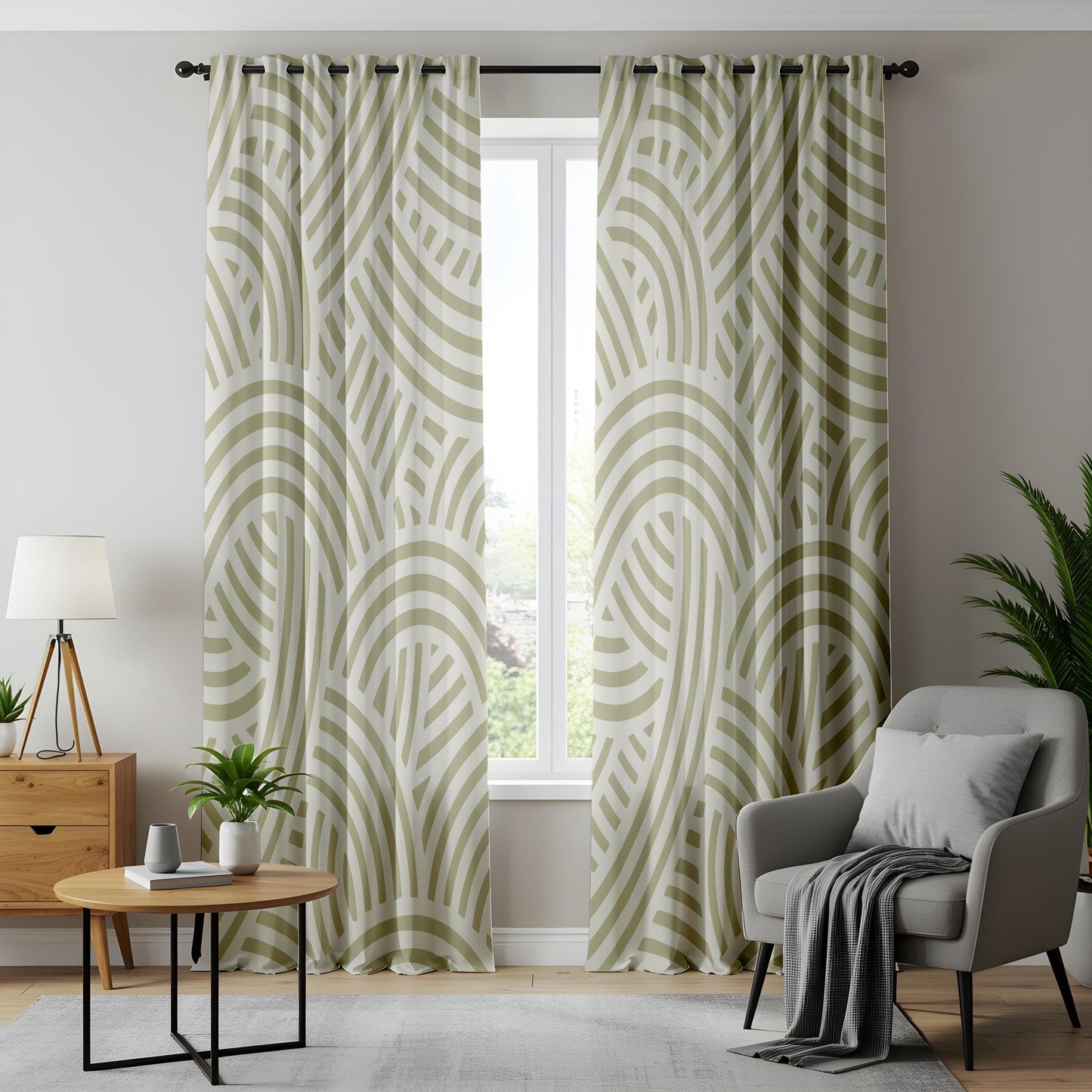Onay Green Geometric Arch Curtains – Scandi Art Deco Drapes