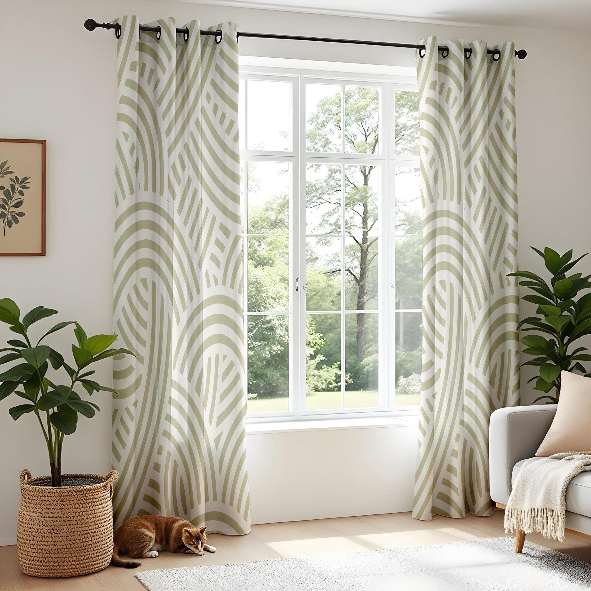 Onay Green Geometric Arch Curtains – Scandi Art Deco Drapes