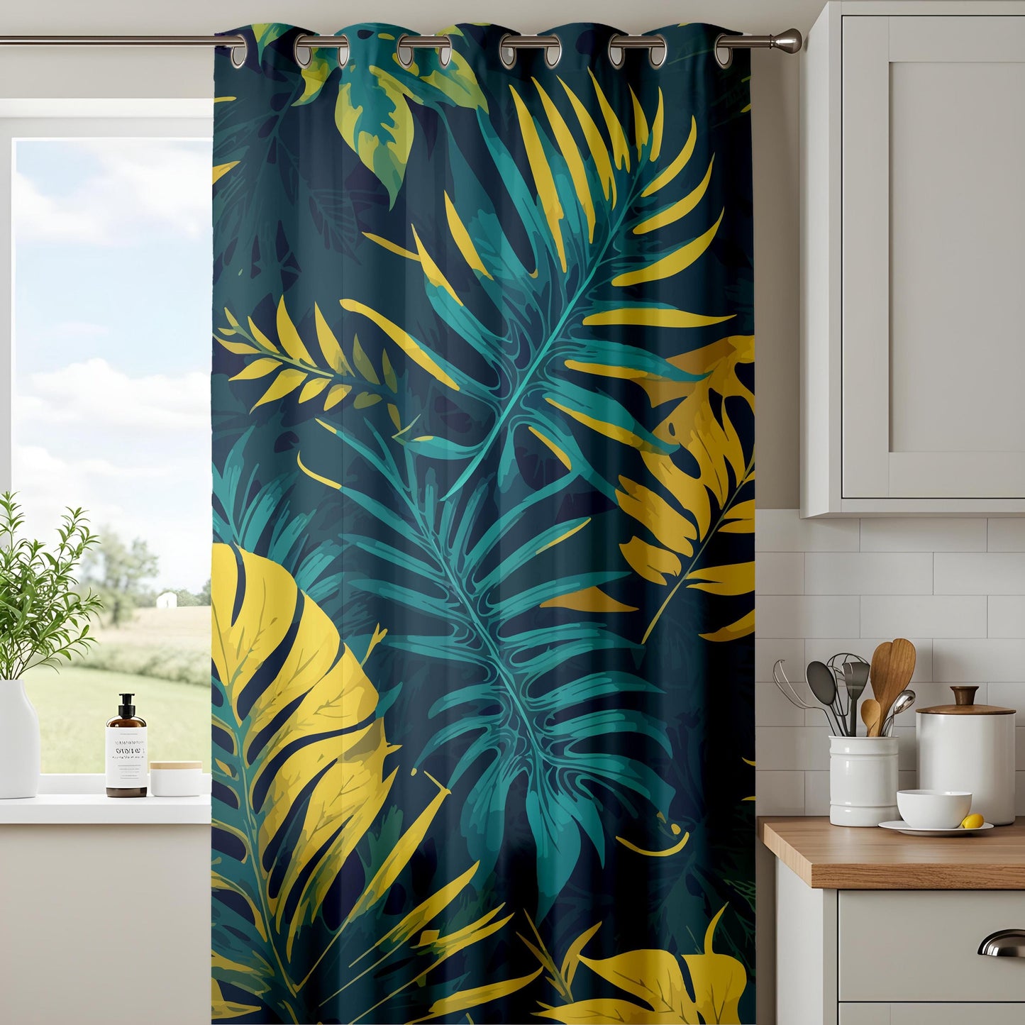 Onay Navy Blue Gold Tropical Curtains – Teal Yellow Palm Leaf Drapes