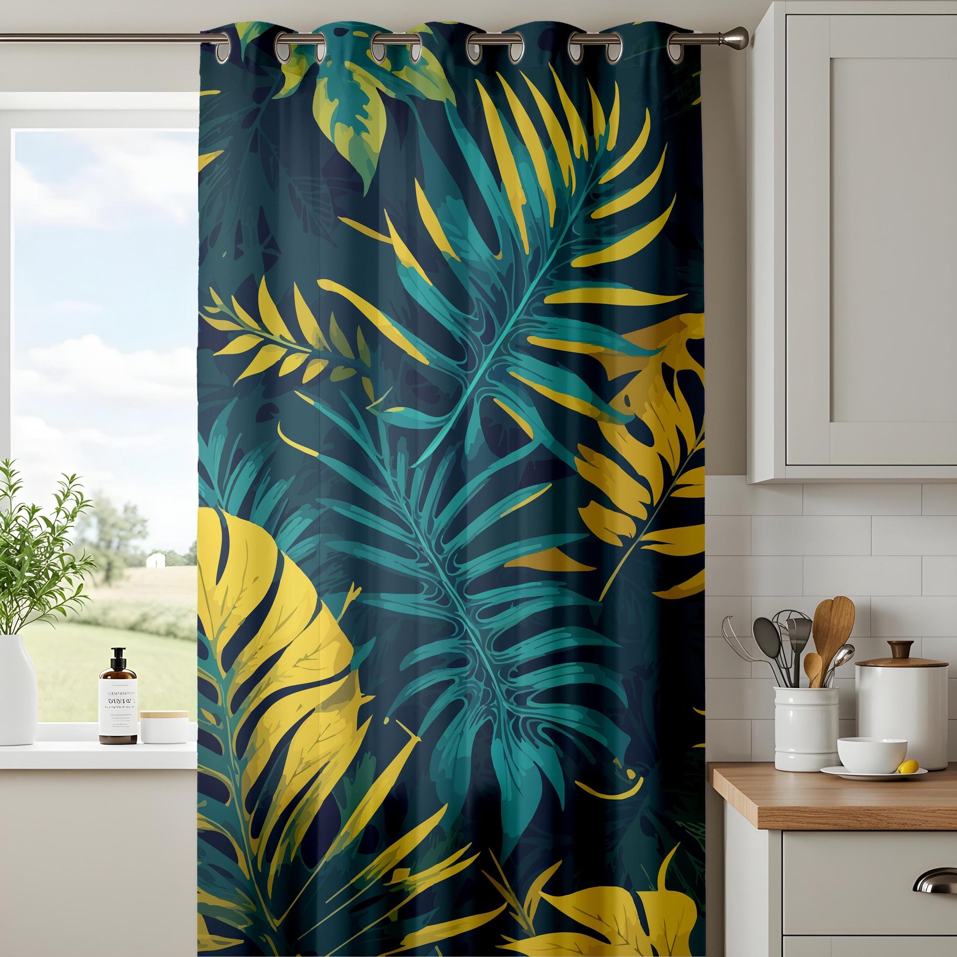 Onay Navy Blue Gold Tropical Curtains – Teal Yellow Palm Leaf Drapes