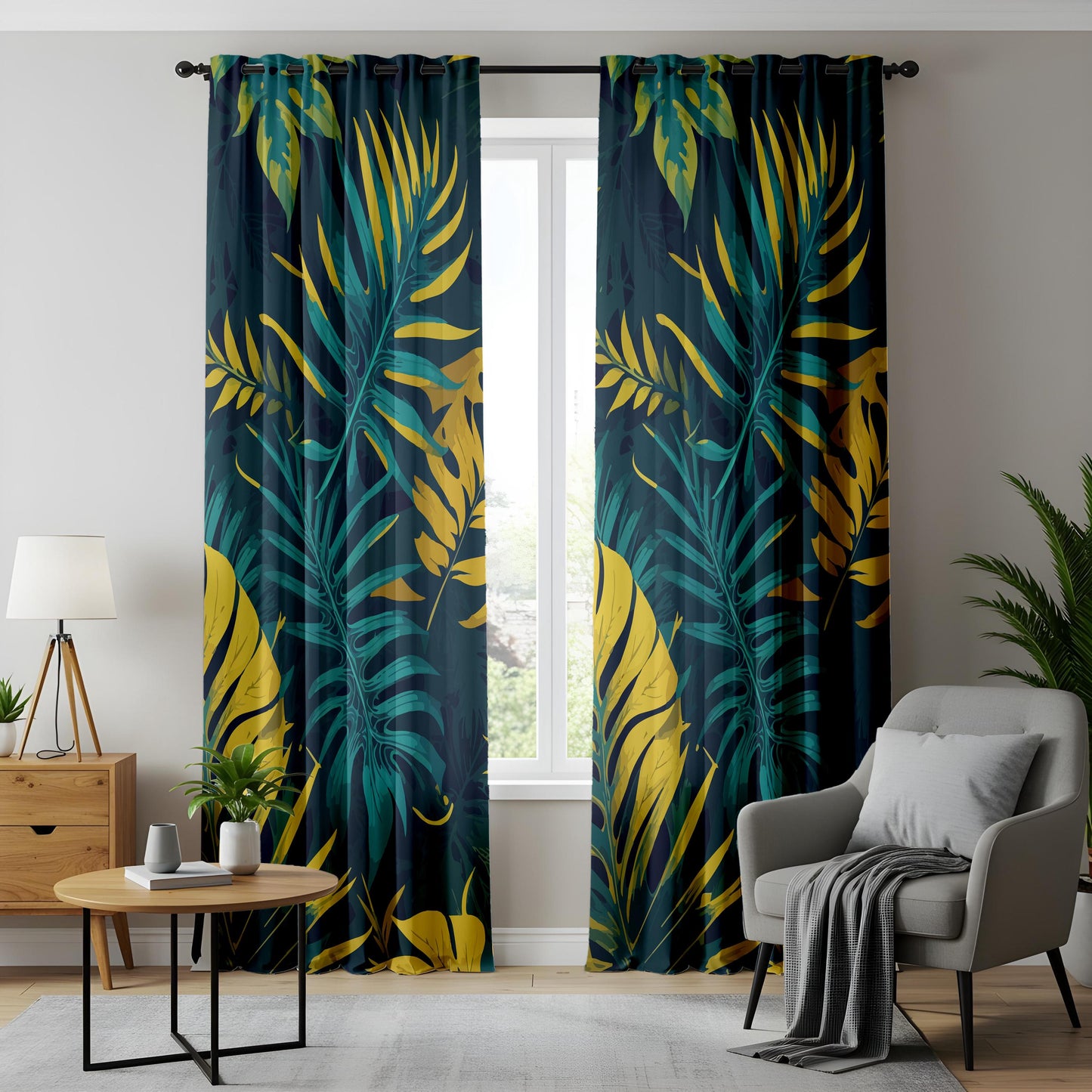 Onay Navy Blue Gold Tropical Curtains – Teal Yellow Palm Leaf Drapes