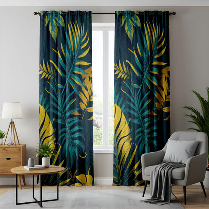 Onay Navy Blue Gold Tropical Curtains – Teal Yellow Palm Leaf Drapes