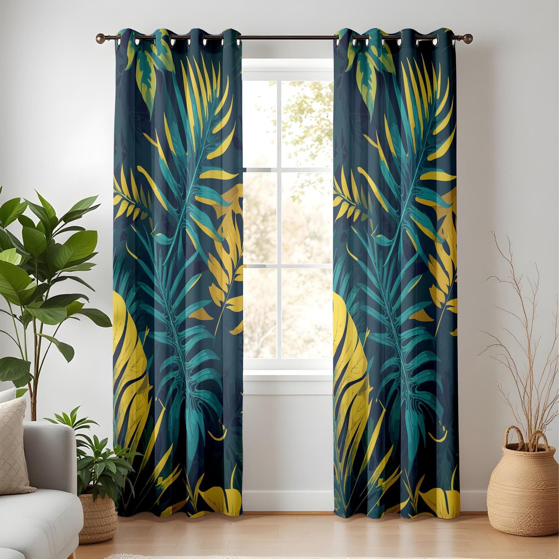 Onay Navy Blue Gold Tropical Curtains – Teal Yellow Palm Leaf Drapes