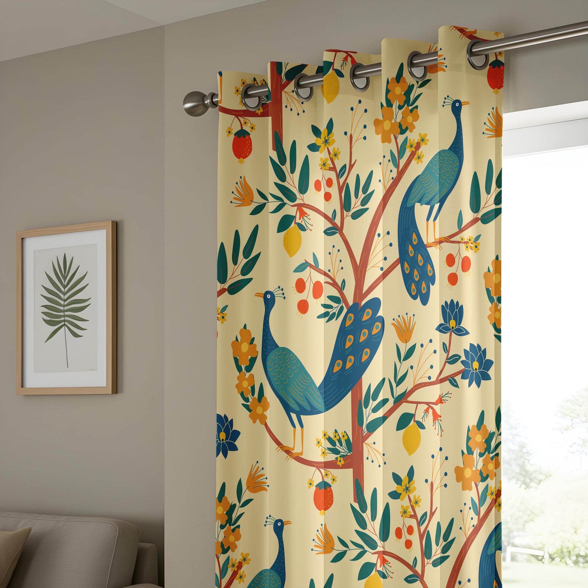 Onay Cream Yellow Peacock Curtains – Whimsical Folk Art Bird Drapes