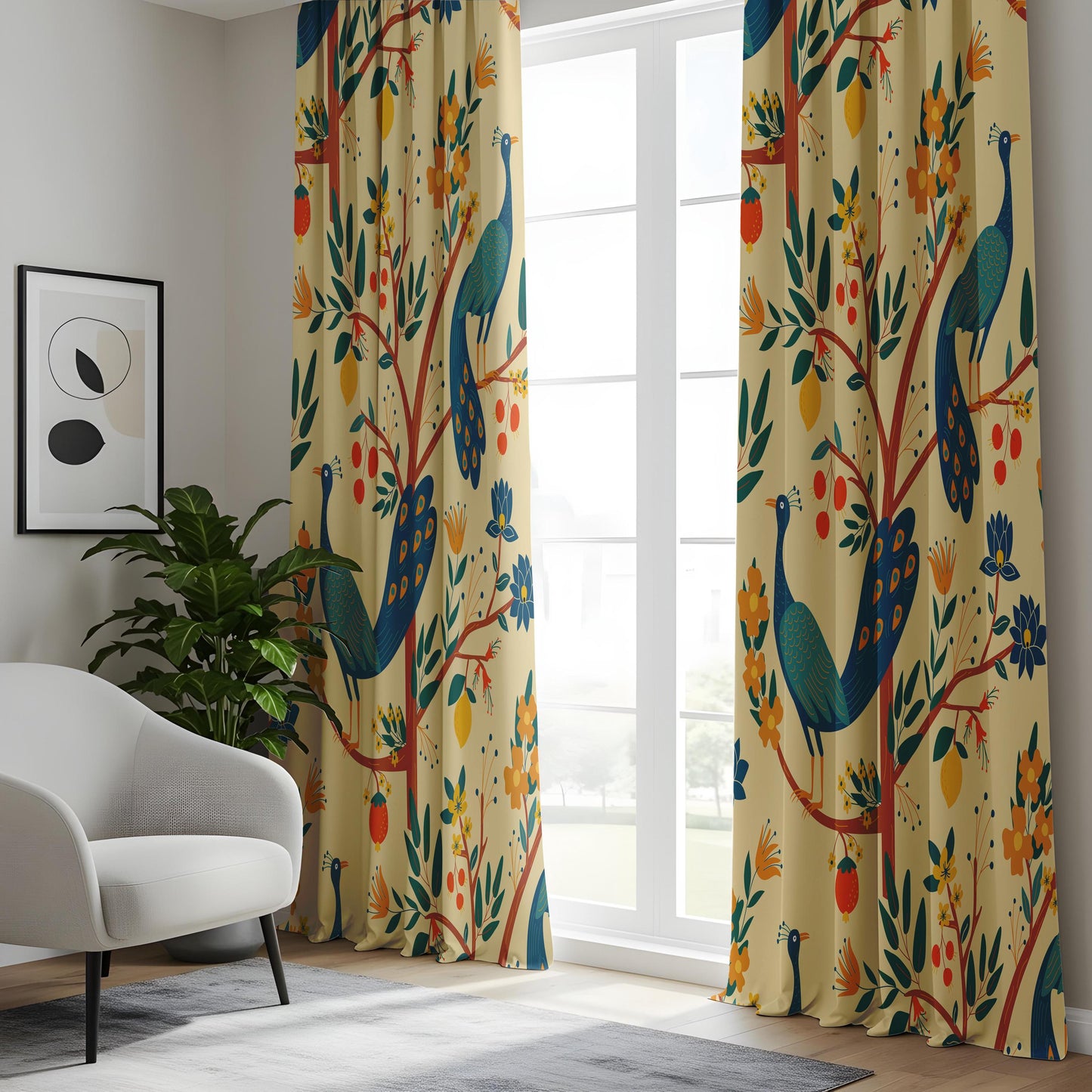 Onay Cream Yellow Peacock Curtains – Whimsical Folk Art Bird Drapes