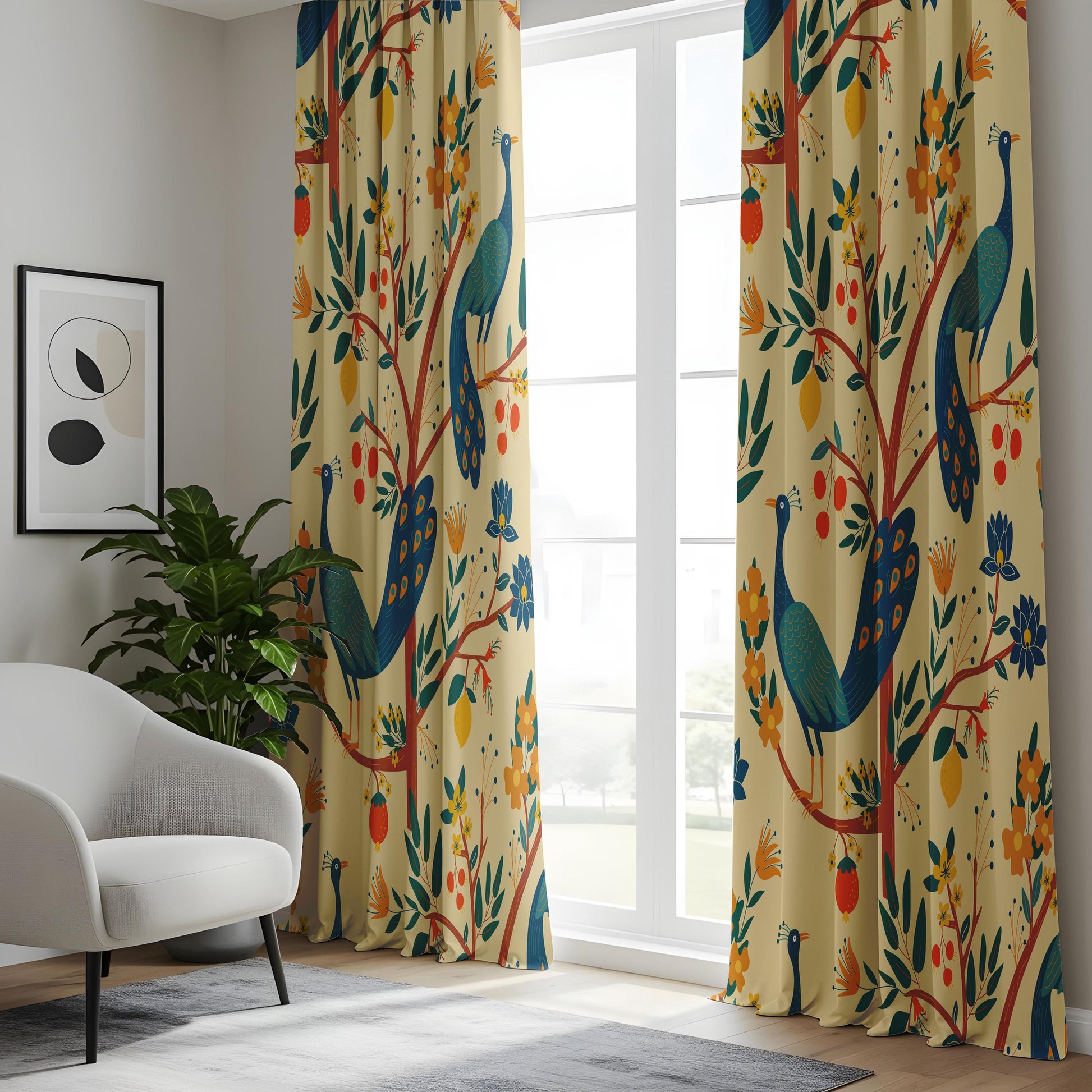 Onay Cream Yellow Peacock Curtains – Whimsical Folk Art Bird Drapes