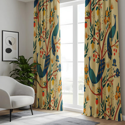 Onay Cream Yellow Peacock Curtains – Whimsical Folk Art Bird Drapes