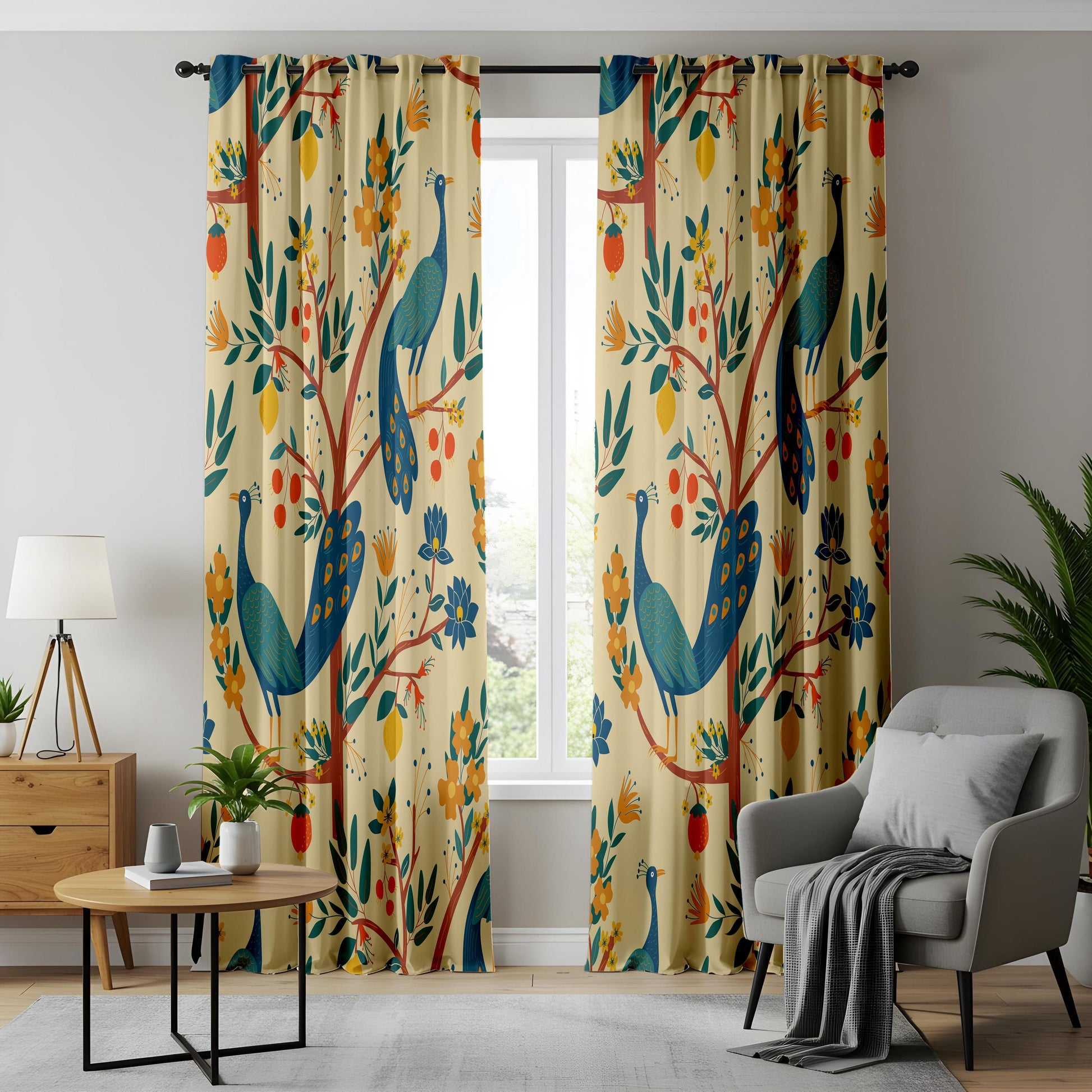 Onay Cream Yellow Peacock Curtains – Whimsical Folk Art Bird Drapes