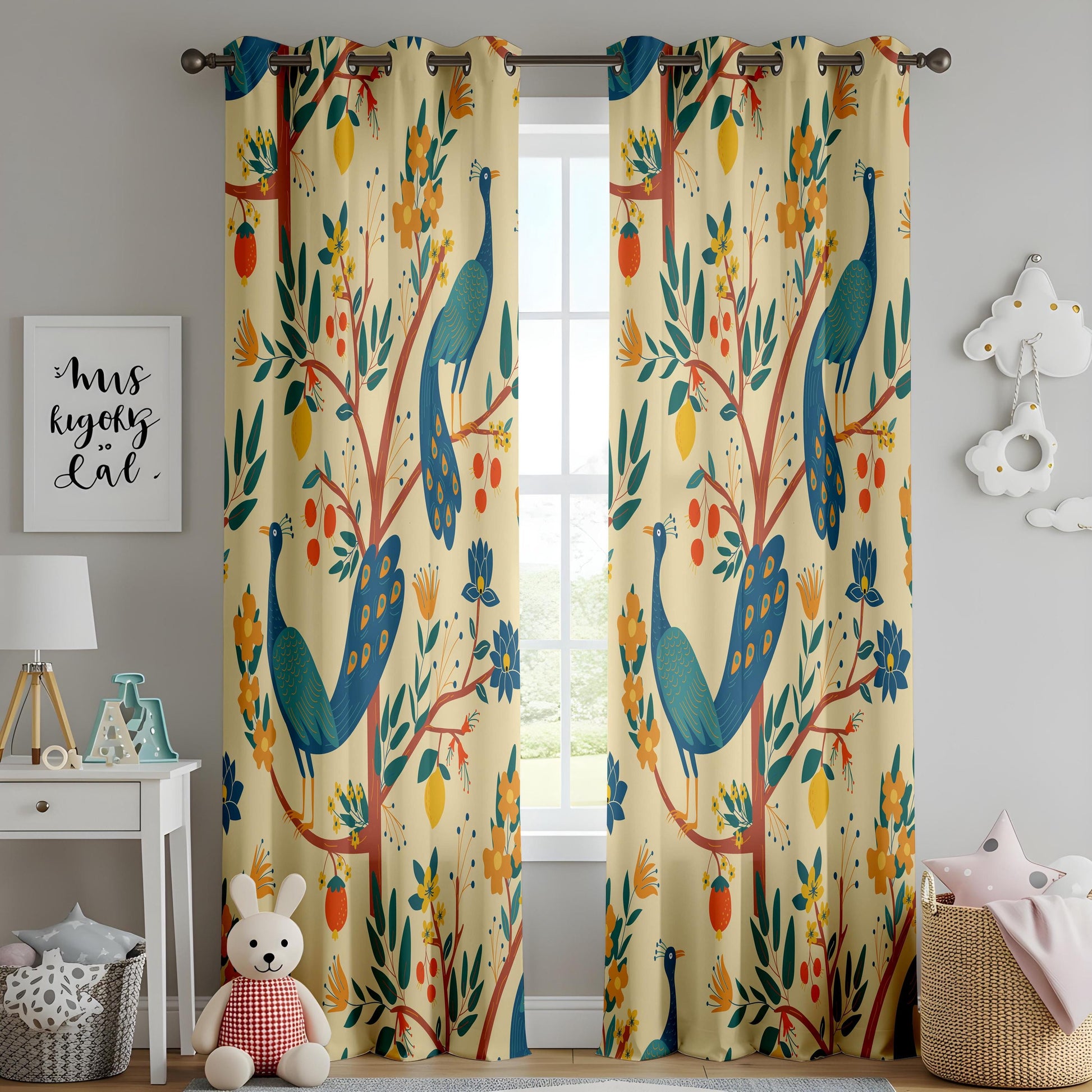 Onay Cream Yellow Peacock Curtains – Whimsical Folk Art Bird Drapes