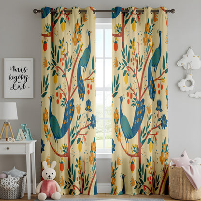 Onay Cream Yellow Peacock Curtains – Whimsical Folk Art Bird Drapes