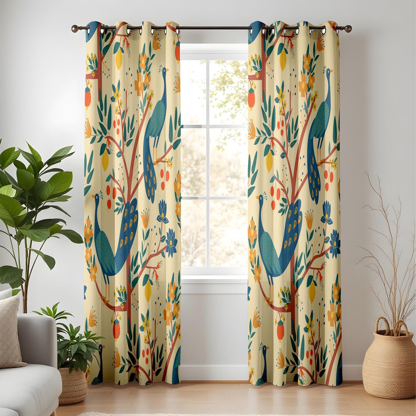 Onay Cream Yellow Peacock Curtains – Whimsical Folk Art Bird Drapes