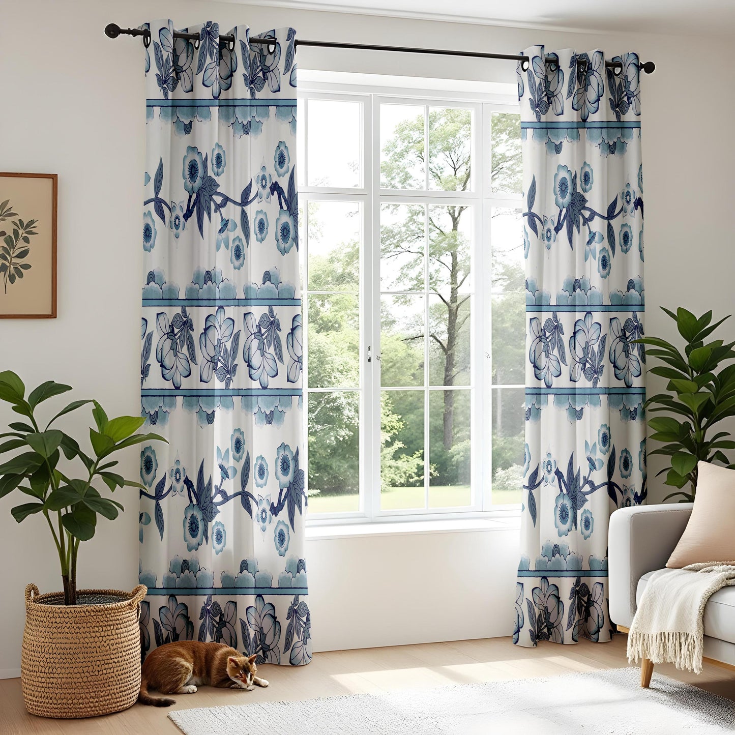 Onay Blue White Floral Stripe Curtains – Delft Pottery Style Drapes