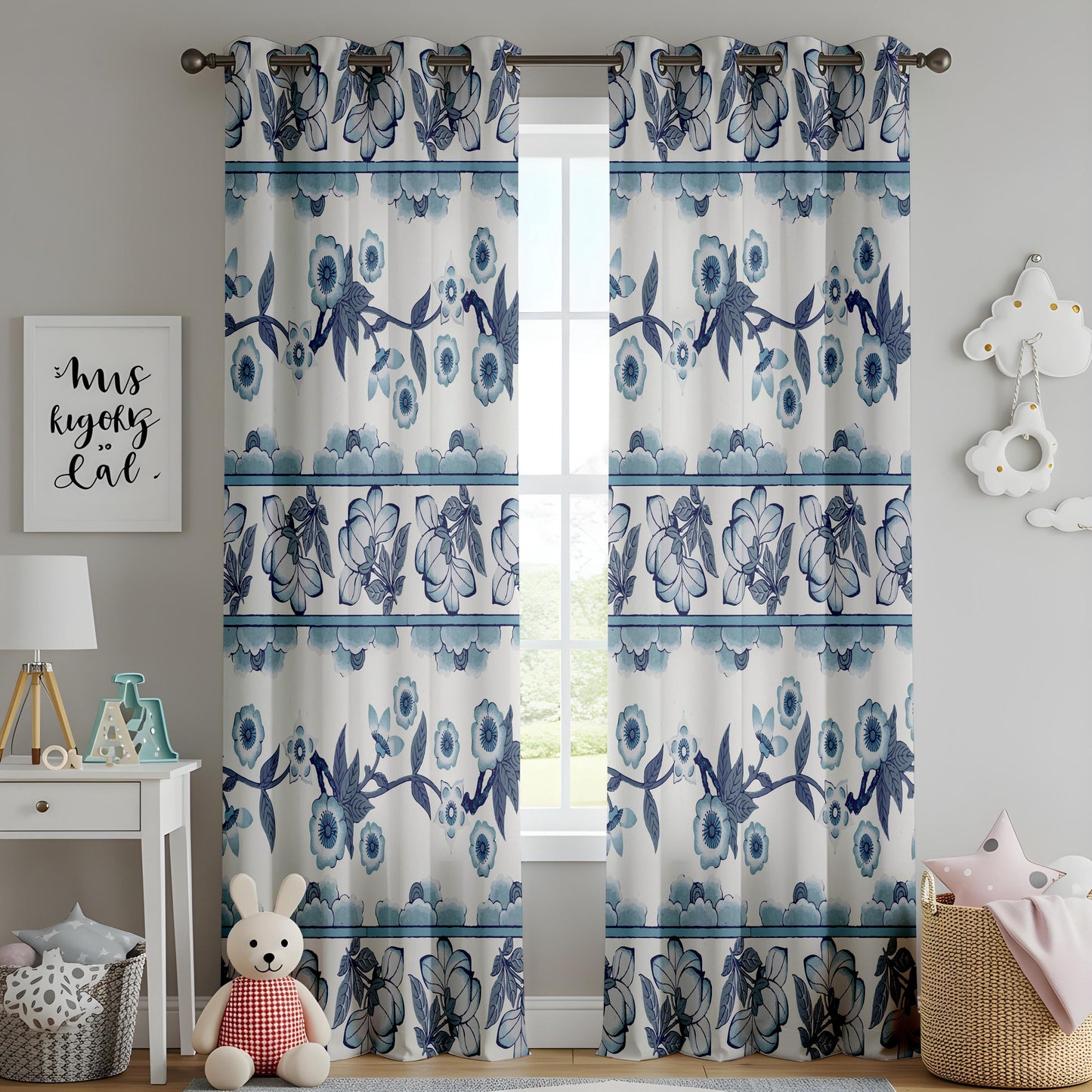 Onay Blue White Floral Stripe Curtains – Delft Pottery Style Drapes