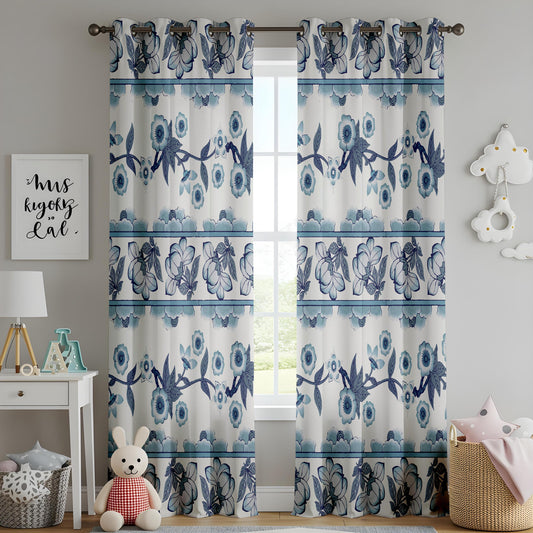 Onay Blue White Floral Stripe Curtains – Delft Pottery Style Drapes
