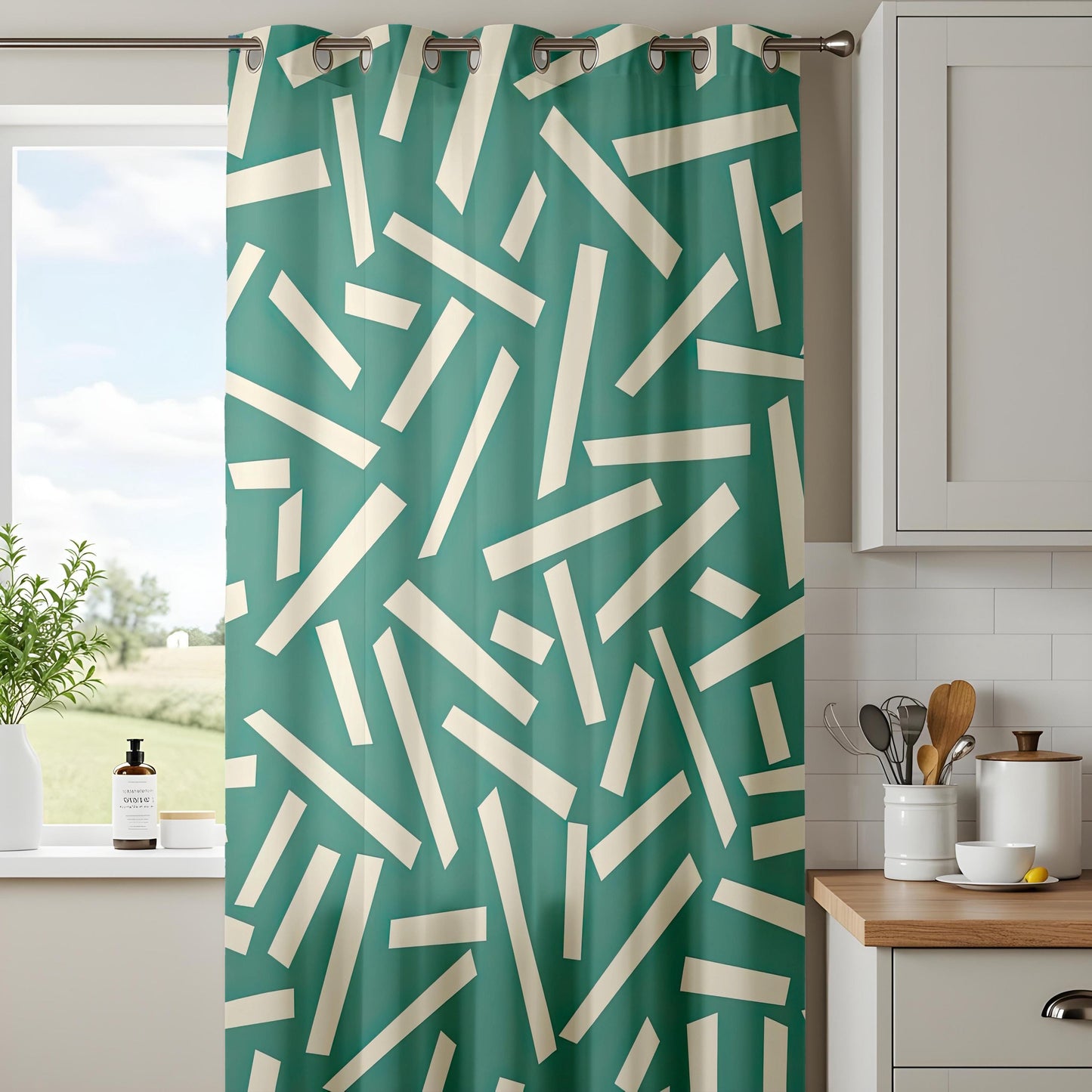 Onay Teal Green Geometric Curtains – Abstract Confetti Line Drapes