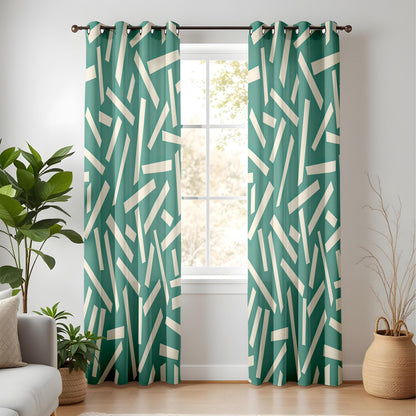 Onay Teal Green Geometric Curtains – Abstract Confetti Line Drapes
