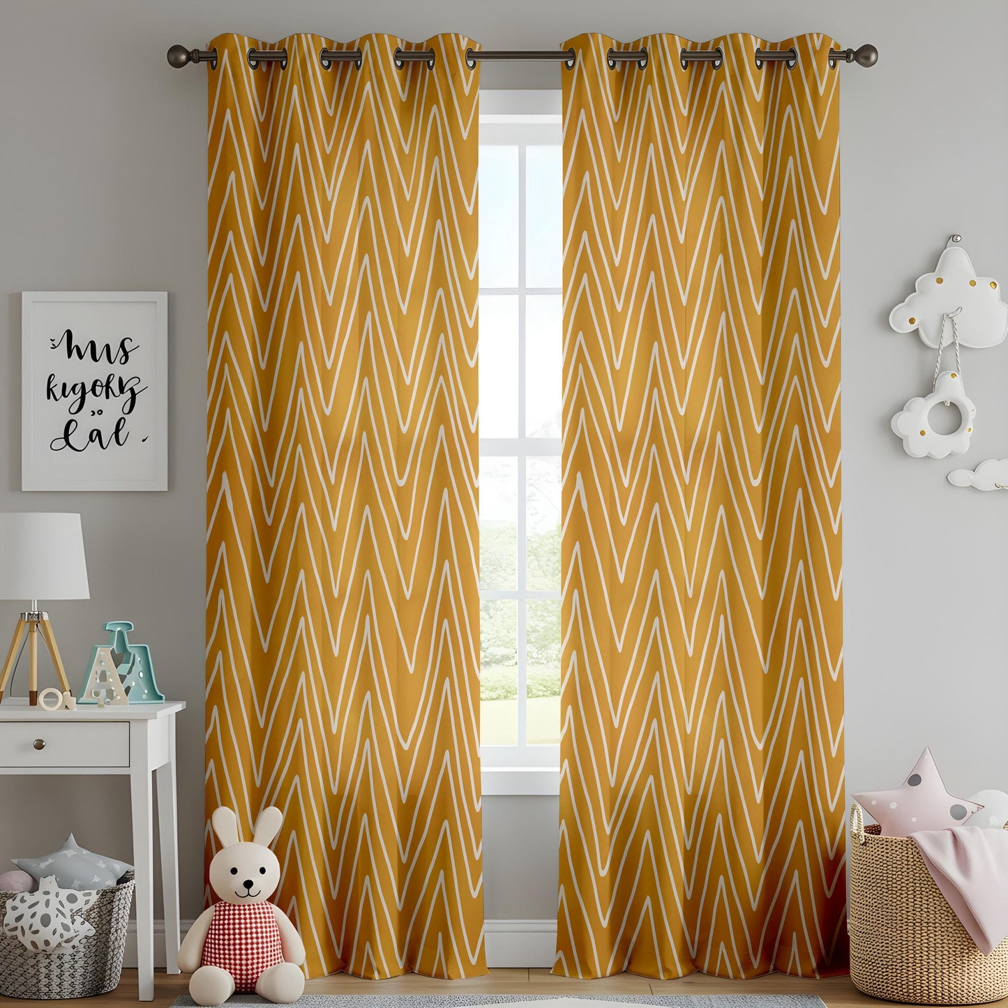 Onay Mustard Yellow Chevron Curtains – Boho Geometric Zigzag Drapes