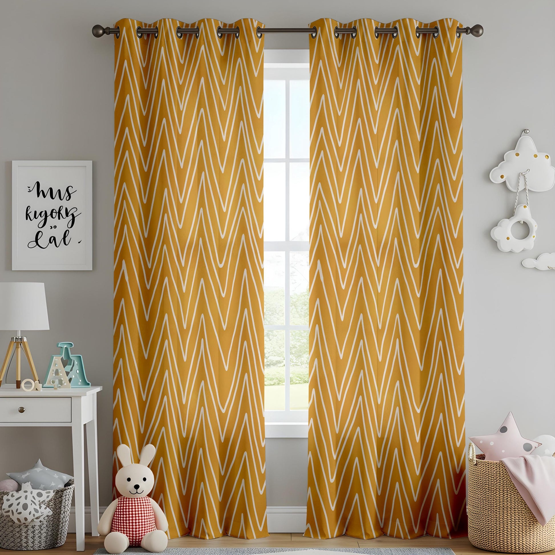 Onay Mustard Yellow Chevron Curtains – Boho Geometric Zigzag Drapes