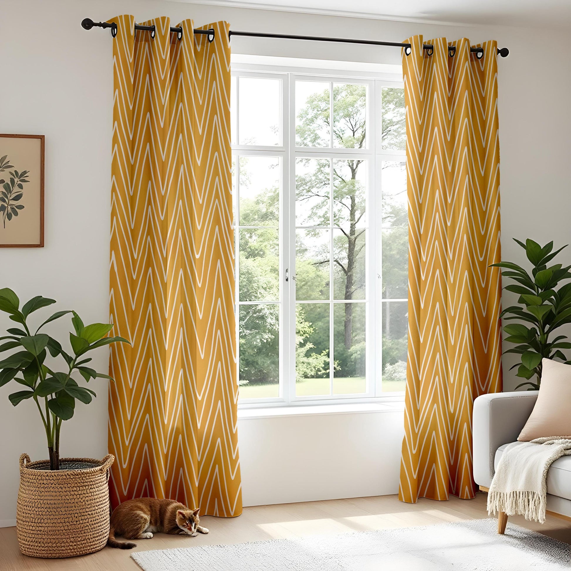 Onay Mustard Yellow Chevron Curtains – Boho Geometric Zigzag Drapes