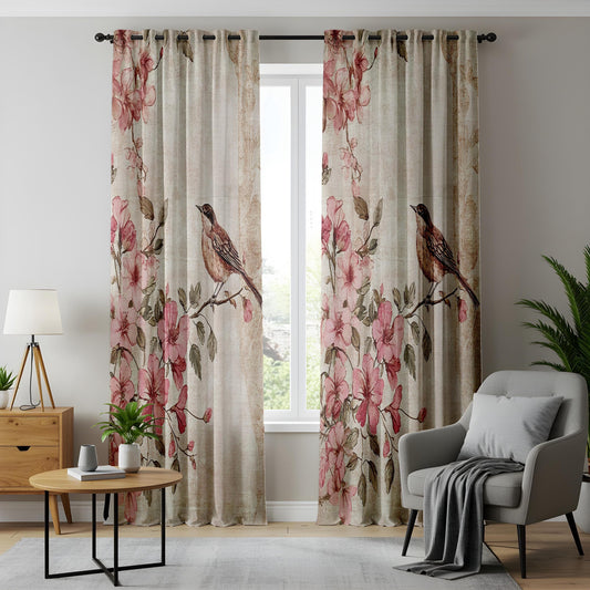 Onay Pink Floral Bird Curtains – Vintage Watercolor Botanical Drapes