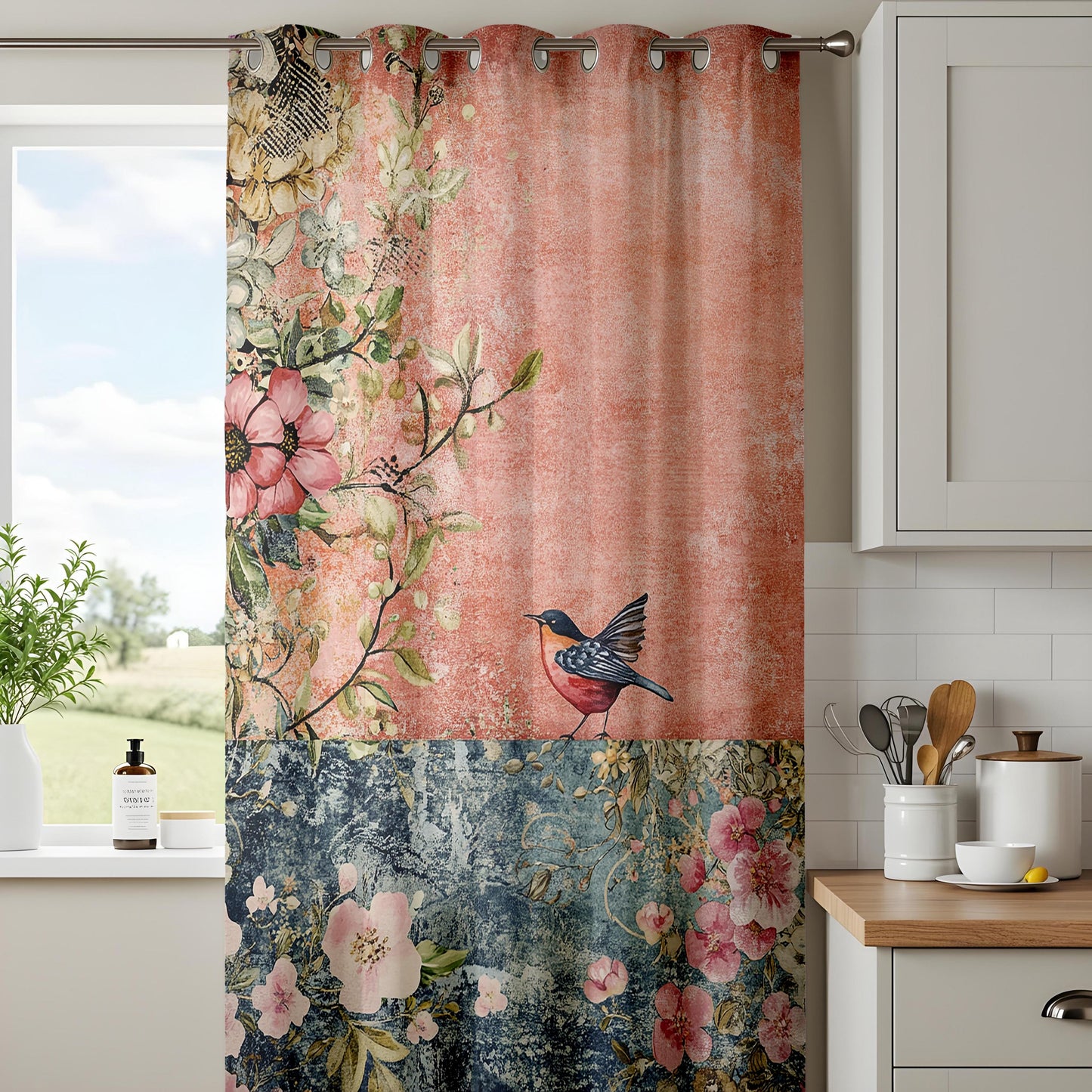 Onay Terracotta Blue Vintage Bird Curtains – Rustic Floral Fresco Drapes