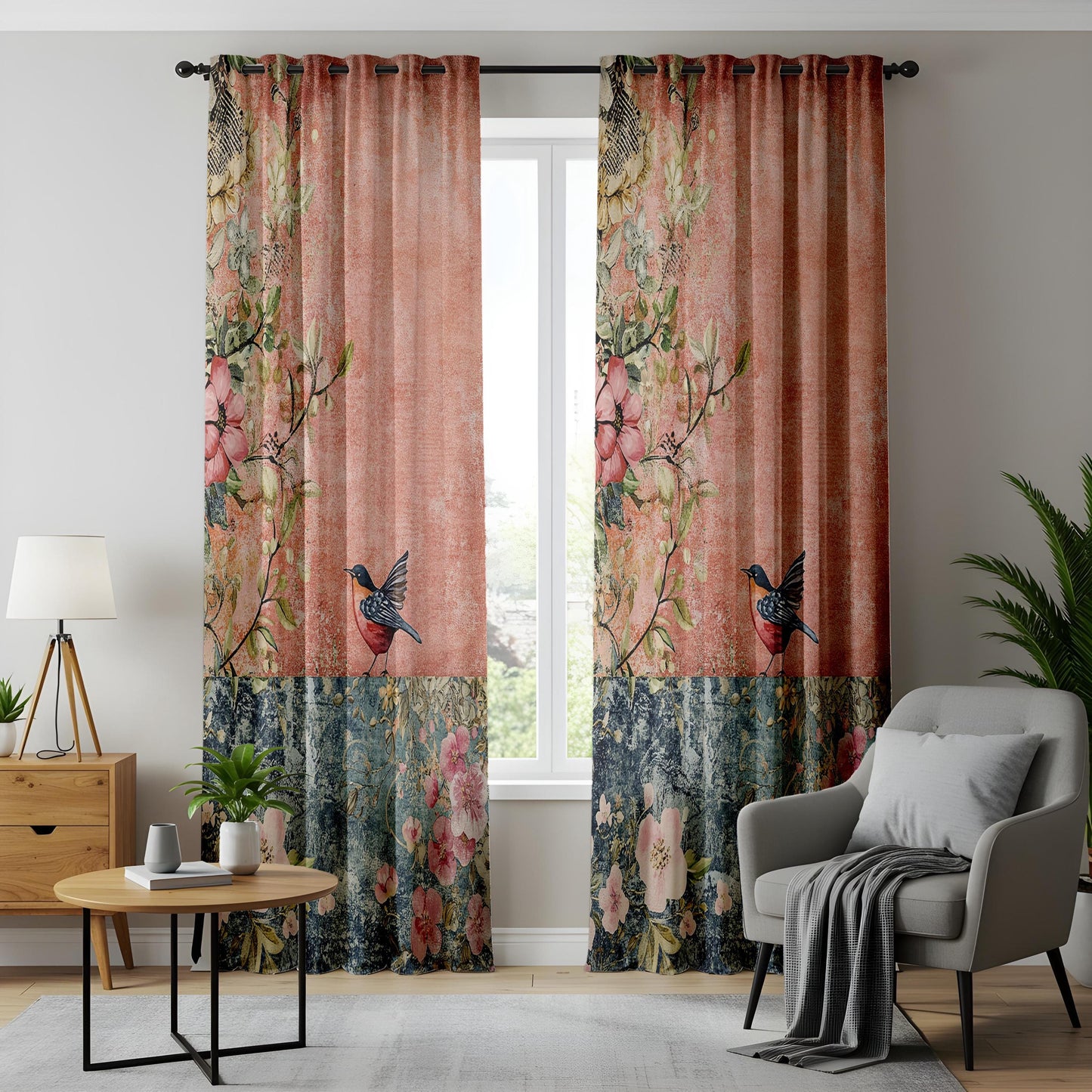 Onay Terracotta Blue Vintage Bird Curtains – Rustic Floral Fresco Drapes
