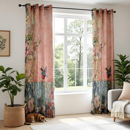 Onay Terracotta Blue Vintage Bird Curtains – Rustic Floral Fresco Drapes