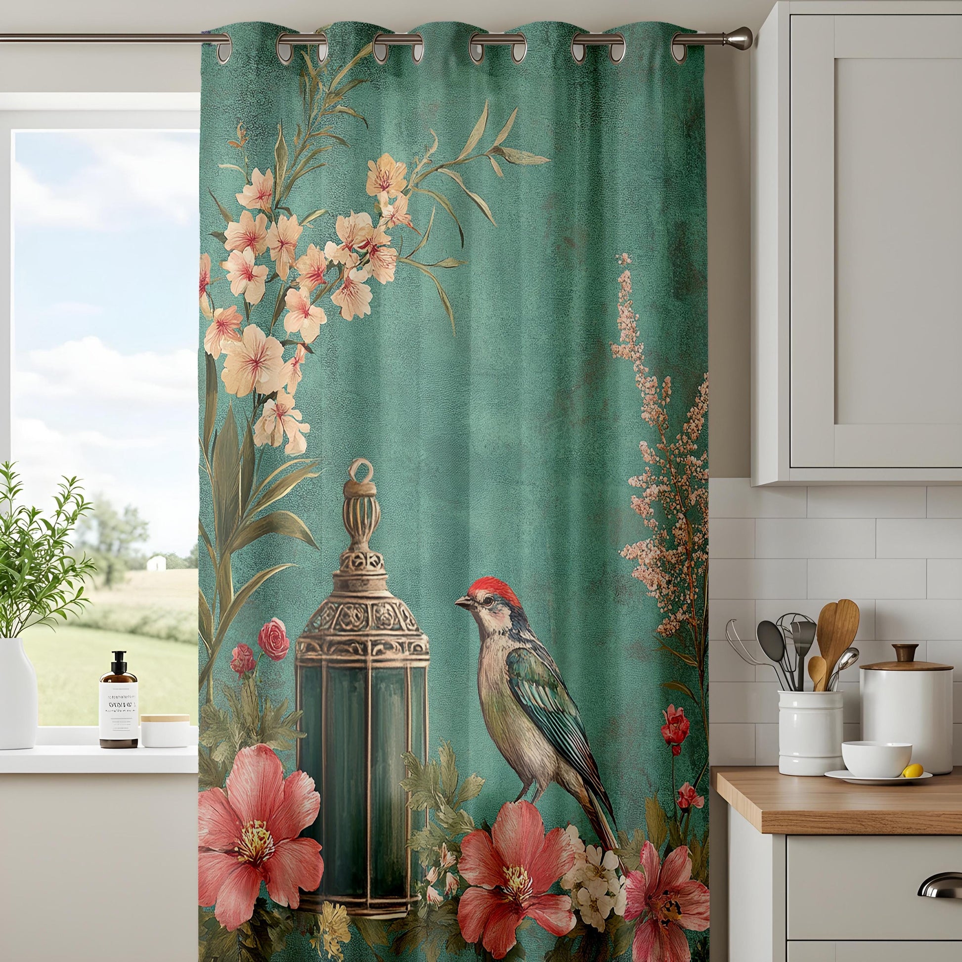 Onay Teal Green Vintage Birdcage Curtains – Romantic Floral Lantern Drapes