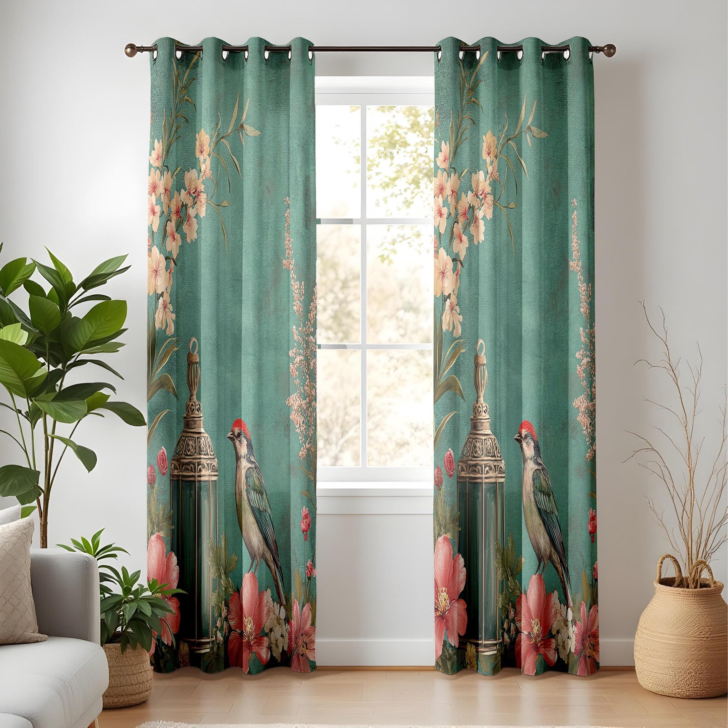Onay Teal Green Vintage Birdcage Curtains – Romantic Floral Lantern Drapes