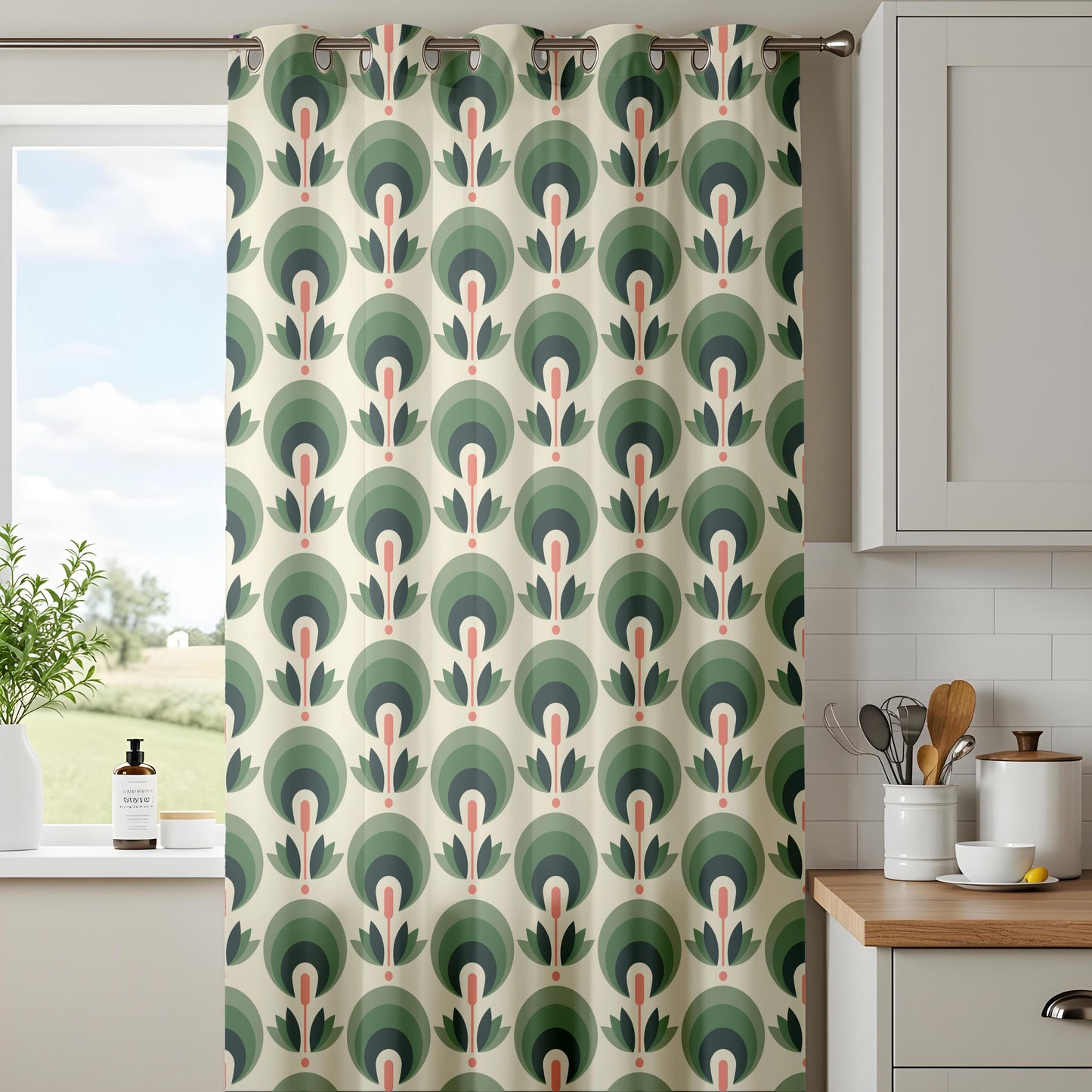 Onay Mid Century Modern Window Curtains – Art Deco Floral Sage Green Drapes