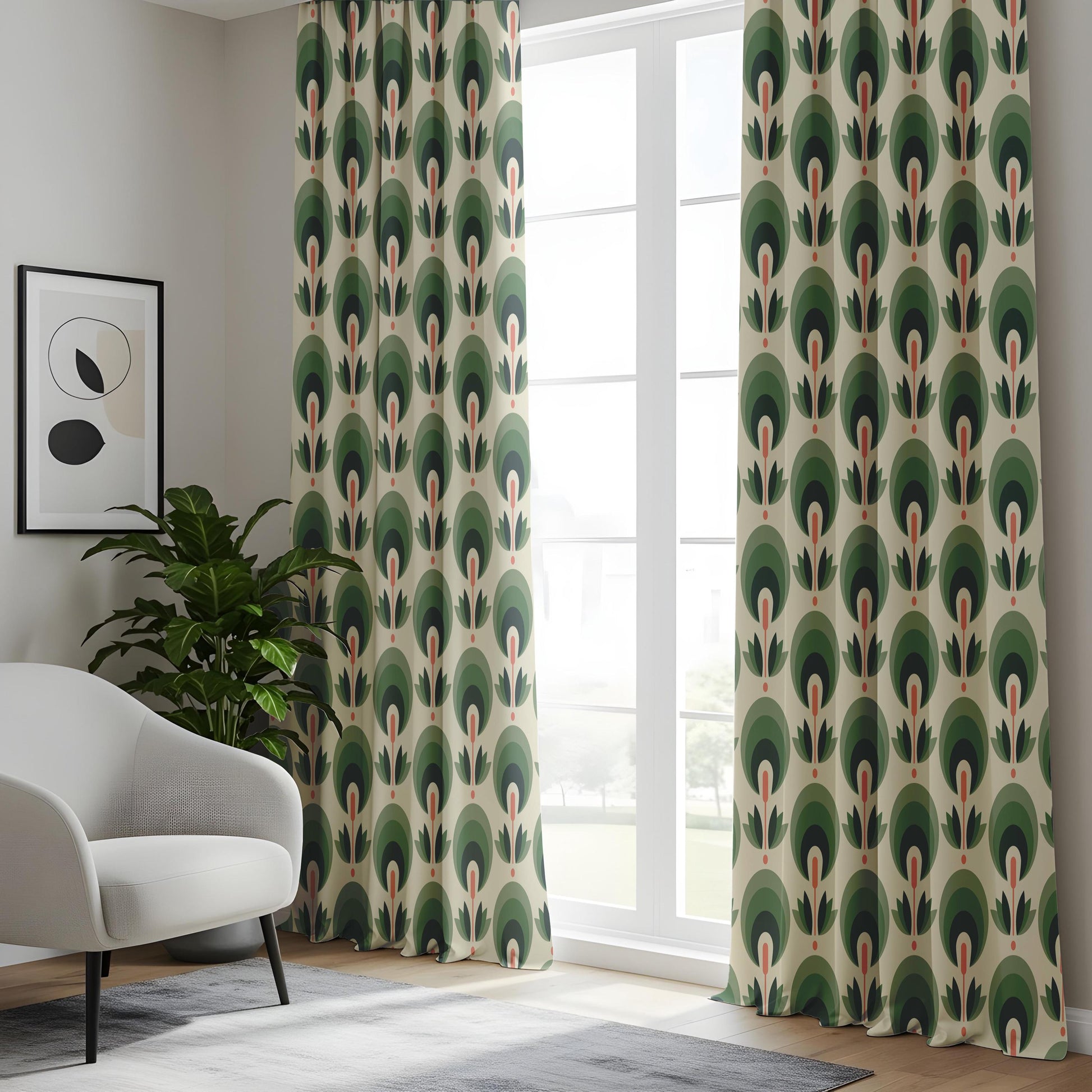 Onay Mid Century Modern Window Curtains – Art Deco Floral Sage Green Drapes