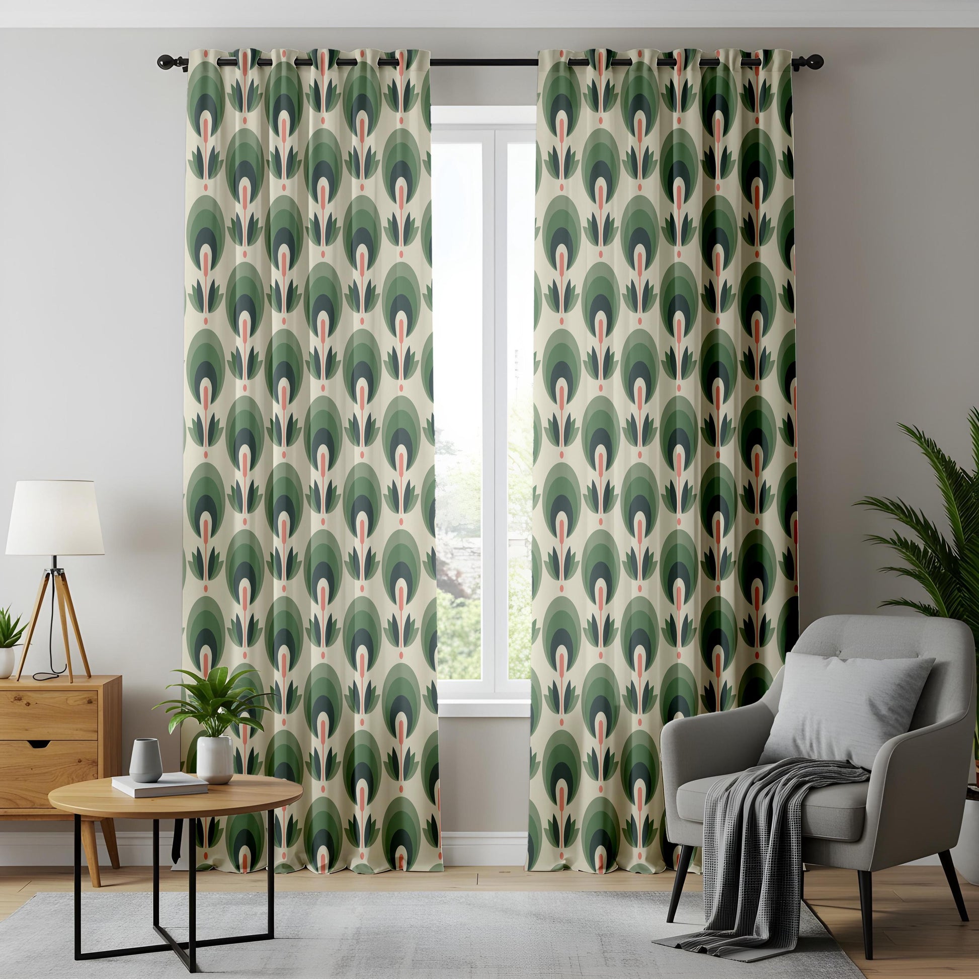 Onay Mid Century Modern Window Curtains – Art Deco Floral Sage Green Drapes