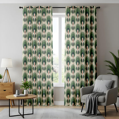 Onay Mid Century Modern Window Curtains – Art Deco Floral Sage Green Drapes