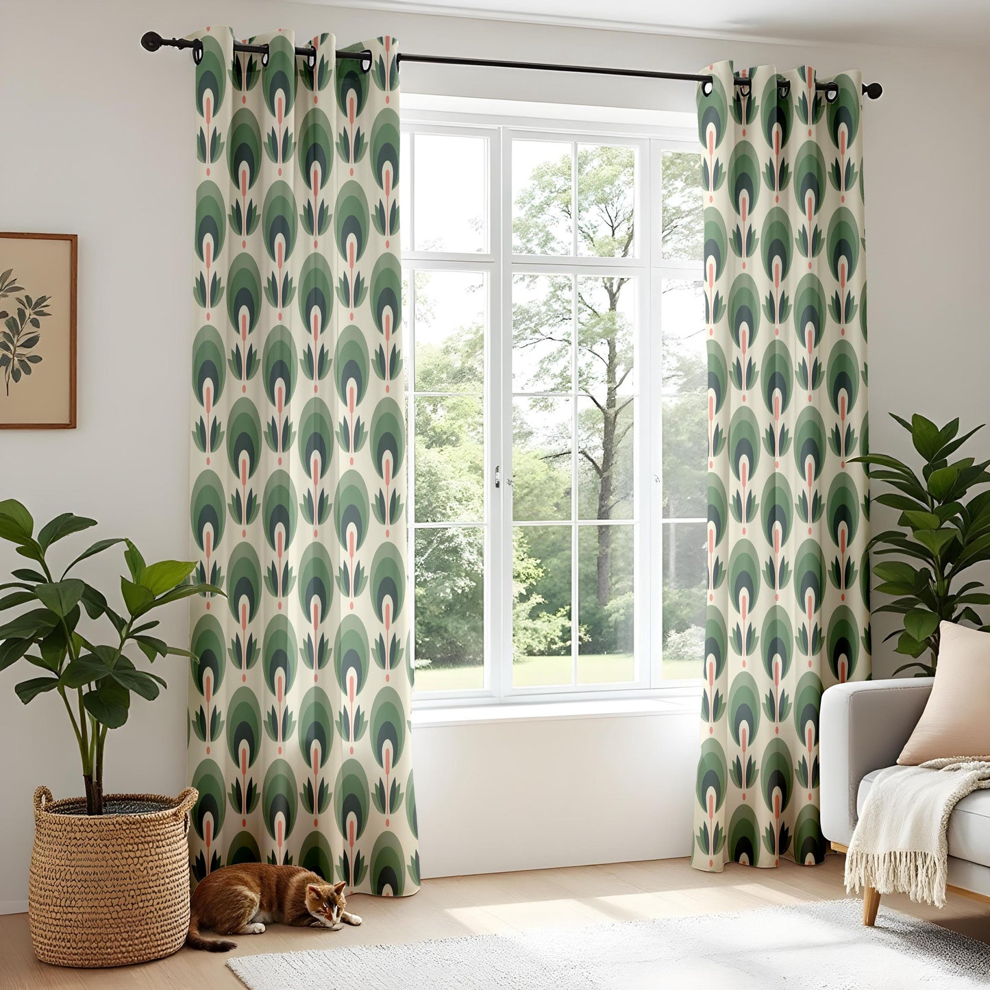 Onay Mid Century Modern Window Curtains – Art Deco Floral Sage Green Drapes